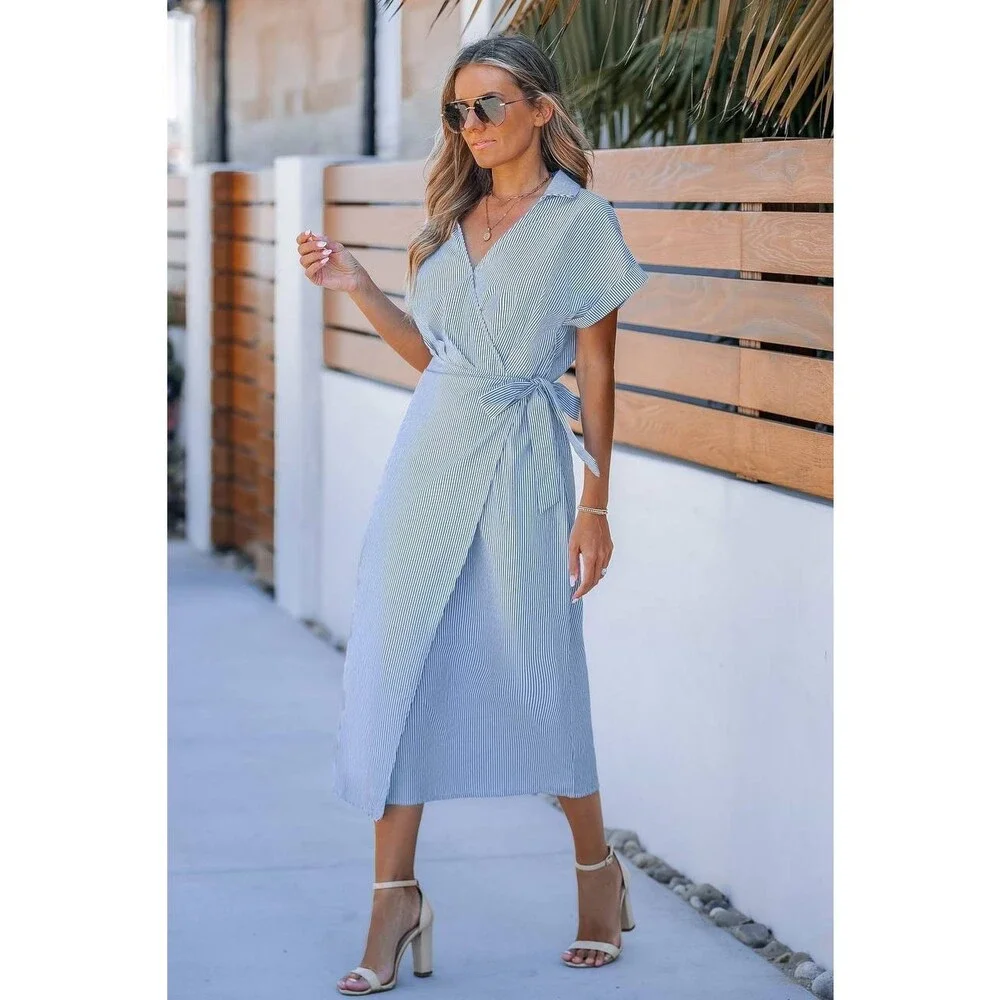 Cupshe Blue Pin‑Stripe Collared Wrap Midi Dress Size S NWT Summer msrp$50.99 - Picture 4 of 9